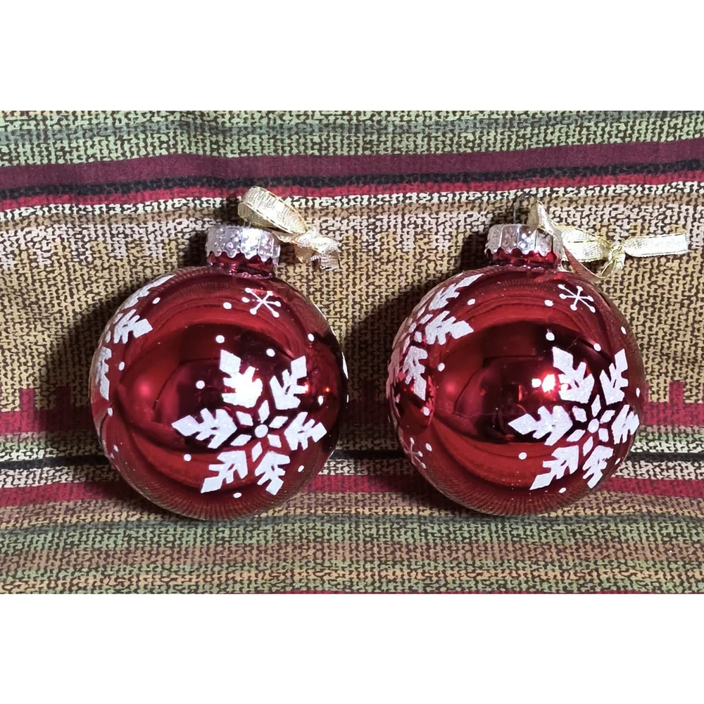 Set Of 2 Red Glass Glitter Snowflake Christmas Ornament~ Ribbon Hangers ~Vintage